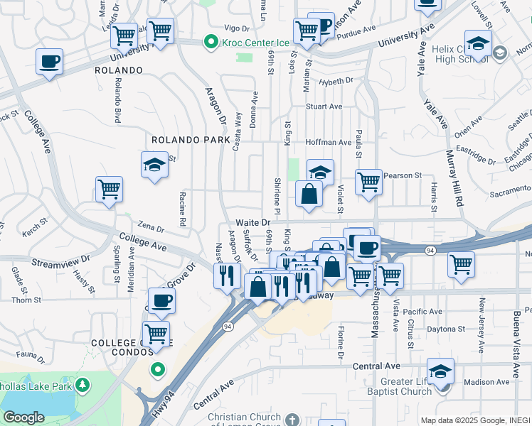 map of restaurants, bars, coffee shops, grocery stores, and more near 3817 69th Street in San Diego