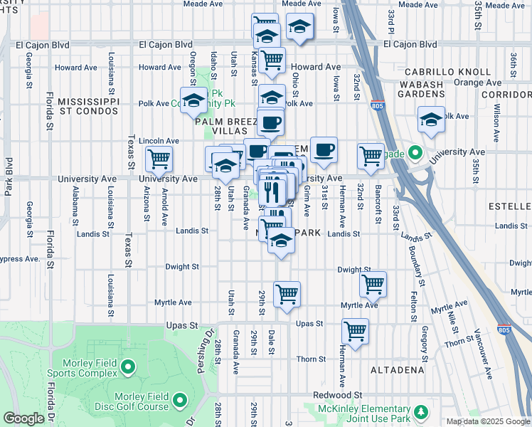 map of restaurants, bars, coffee shops, grocery stores, and more near 3761 29th Street in San Diego