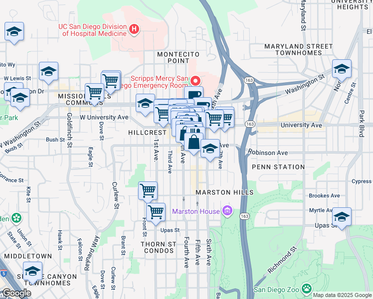 map of restaurants, bars, coffee shops, grocery stores, and more near 3750 Fourth Avenue in San Diego