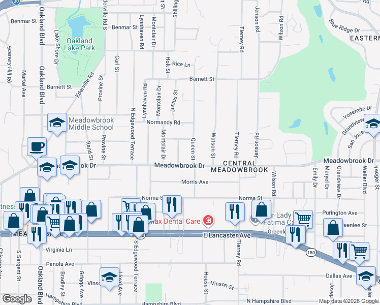 map of restaurants, bars, coffee shops, grocery stores, and more near 2200 Queen Street in Fort Worth