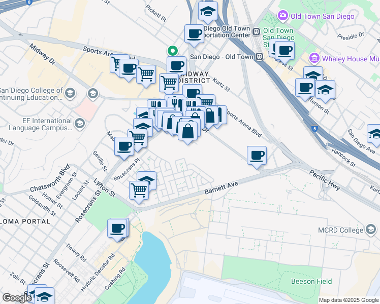 map of restaurants, bars, coffee shops, grocery stores, and more near 53 Bogley Drive in San Diego