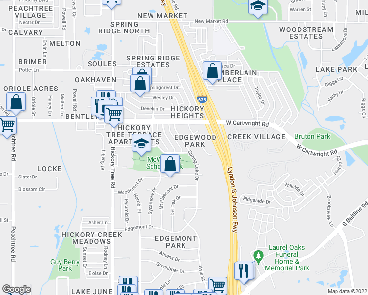 map of restaurants, bars, coffee shops, grocery stores, and more near 1647 Spring Lake Drive in Mesquite