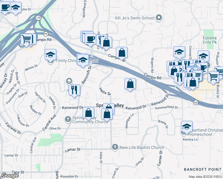 map of restaurants, bars, coffee shops, grocery stores, and more near 3615 Helix Street in Spring Valley