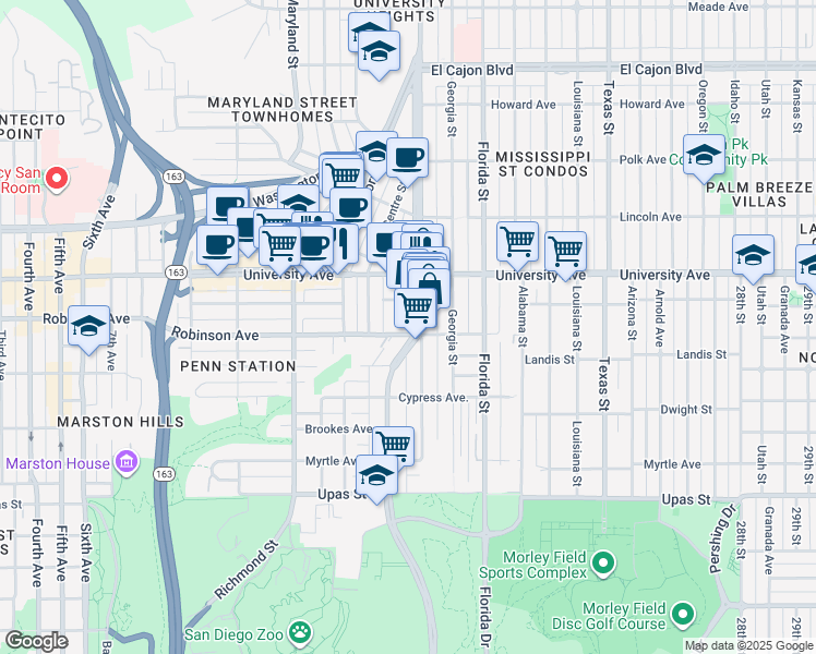 map of restaurants, bars, coffee shops, grocery stores, and more near 3752 Park Boulevard in San Diego