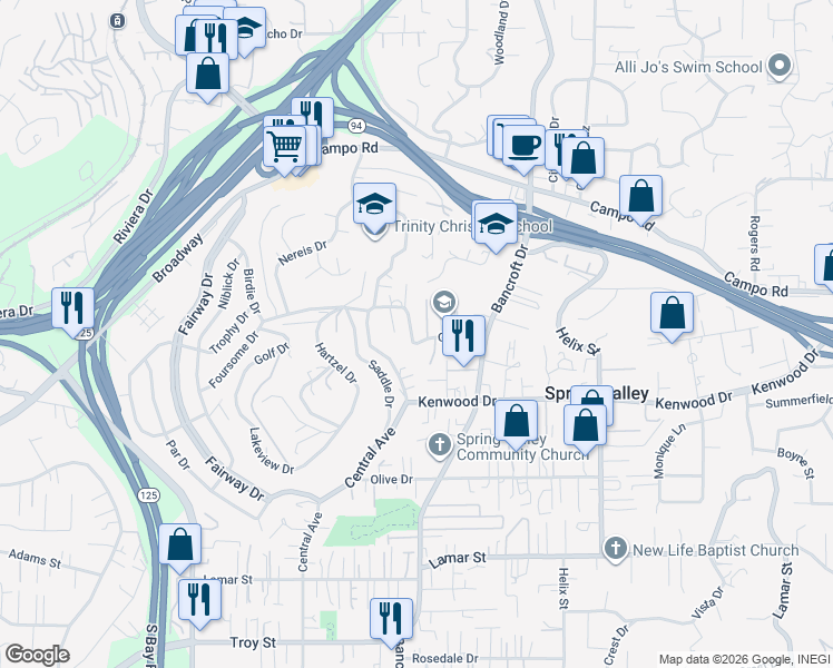 map of restaurants, bars, coffee shops, grocery stores, and more near 8872 Golf Drive in Spring Valley