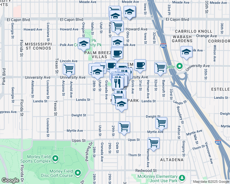 map of restaurants, bars, coffee shops, grocery stores, and more near 3761 29th Street in San Diego