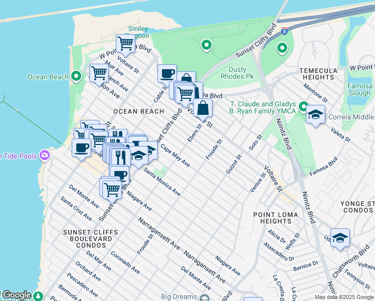 map of restaurants, bars, coffee shops, grocery stores, and more near 4683 Brighton Avenue in San Diego