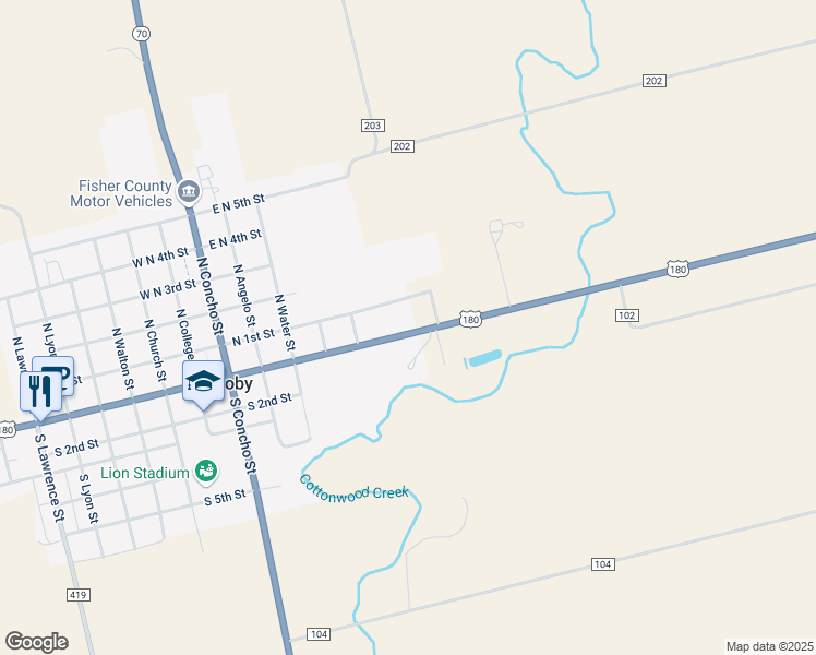 map of restaurants, bars, coffee shops, grocery stores, and more near 605 South 1st Street in Roby