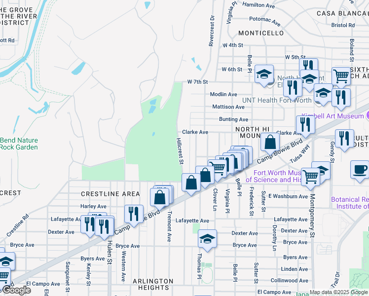 map of restaurants, bars, coffee shops, grocery stores, and more near 1305 Hillcrest Street in Fort Worth