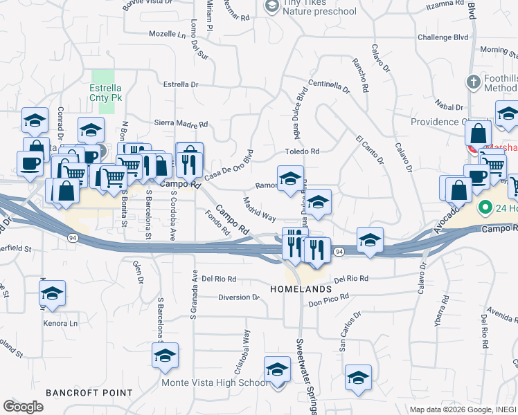 map of restaurants, bars, coffee shops, grocery stores, and more near 10190 Madrid Way in Spring Valley