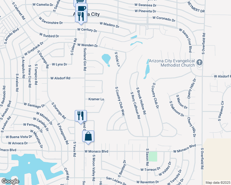 map of restaurants, bars, coffee shops, grocery stores, and more near 14656 South Country Club Way in Arizona City