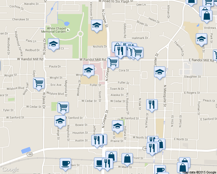 map of restaurants, bars, coffee shops, grocery stores, and more near 816 North Cooper Street in Arlington