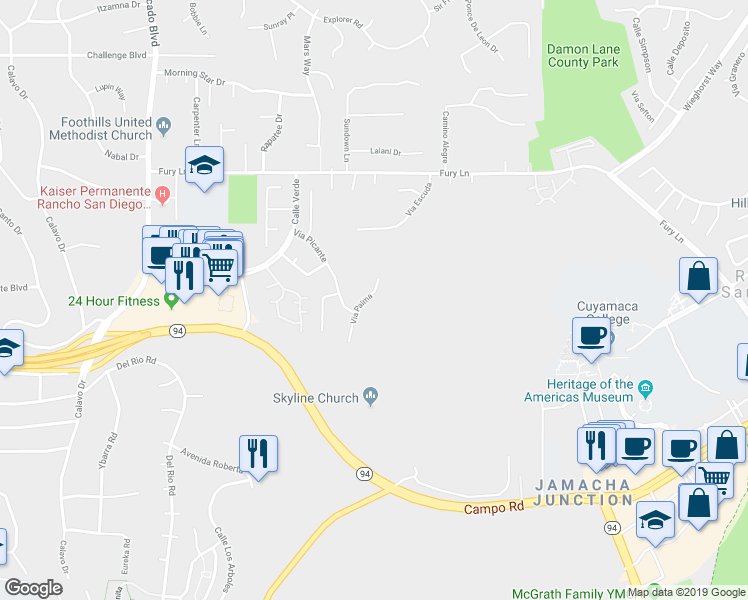 map of restaurants, bars, coffee shops, grocery stores, and more near 3533 Via Palma in La Mesa