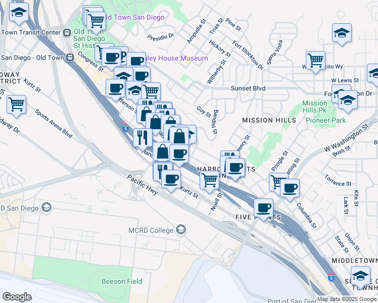 map of restaurants, bars, coffee shops, grocery stores, and more near 2120 San Diego Avenue in San Diego
