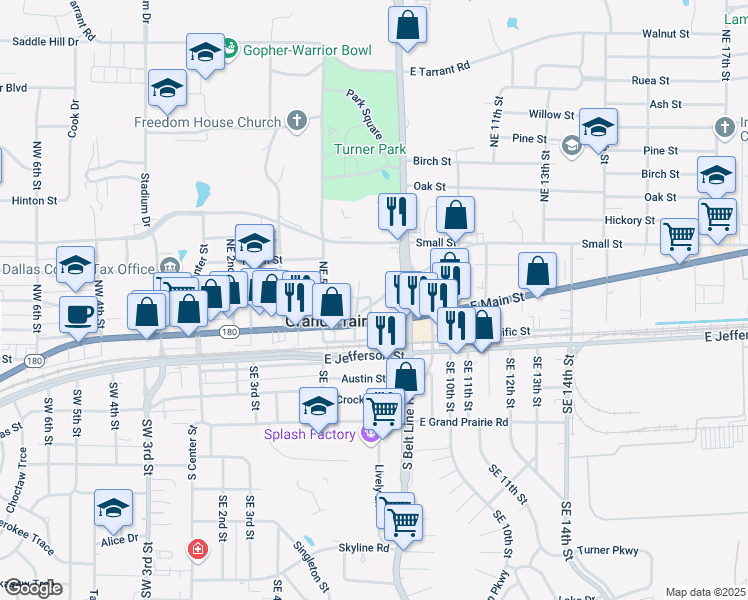 map of restaurants, bars, coffee shops, grocery stores, and more near 702 Northeast 7th Street in Grand Prairie