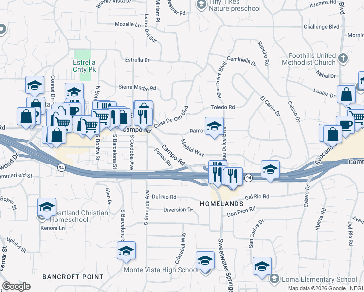 map of restaurants, bars, coffee shops, grocery stores, and more near 10177 Madrid Way in Spring Valley