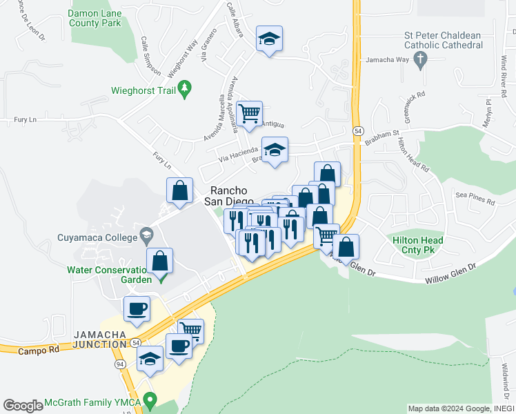 map of restaurants, bars, coffee shops, grocery stores, and more near 11378 Via Rancho San Diego in El Cajon