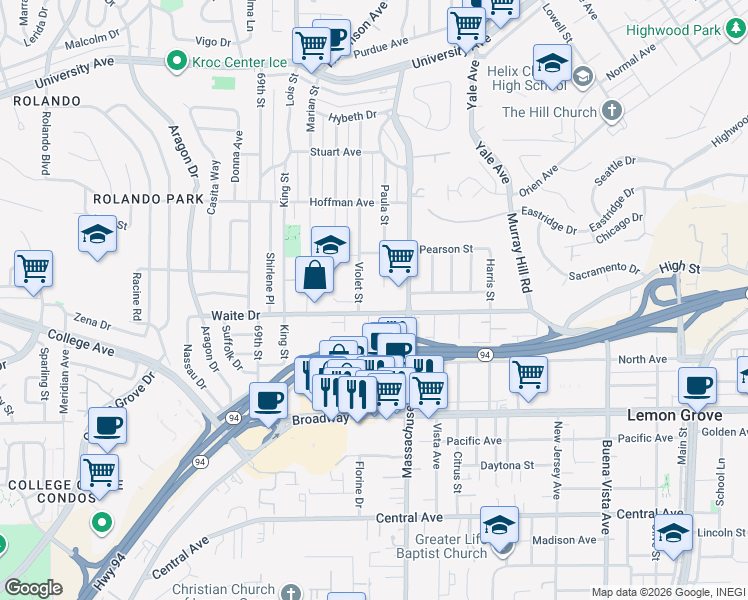map of restaurants, bars, coffee shops, grocery stores, and more near 7064 Waite Drive in La Mesa