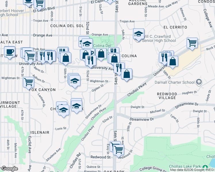 map of restaurants, bars, coffee shops, grocery stores, and more near 5315 Ogden Street in San Diego
