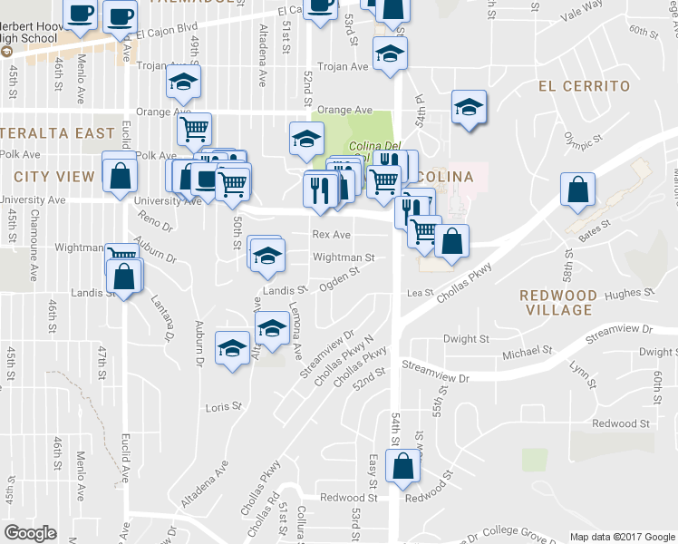 map of restaurants, bars, coffee shops, grocery stores, and more near 5250 Landis Street in San Diego
