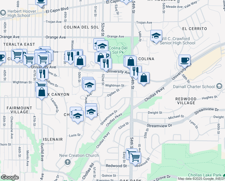 map of restaurants, bars, coffee shops, grocery stores, and more near 5250 Landis Street in San Diego