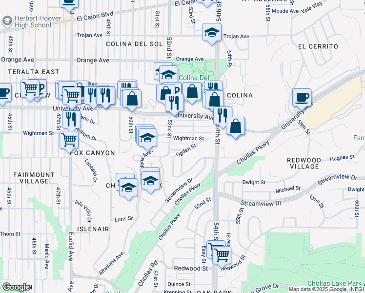 map of restaurants, bars, coffee shops, grocery stores, and more near 5250 Landis Street in San Diego