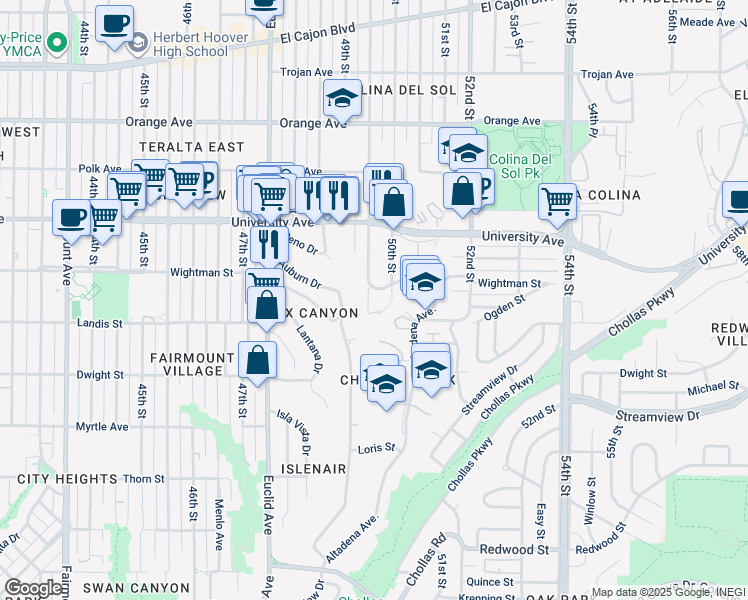 map of restaurants, bars, coffee shops, grocery stores, and more near 4930 Auburn Drive in San Diego