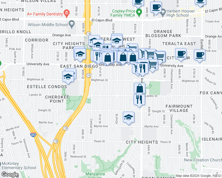 map of restaurants, bars, coffee shops, grocery stores, and more near 3720 42nd Street in San Diego