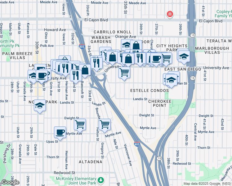 map of restaurants, bars, coffee shops, grocery stores, and more near 3710 Wabash Avenue in San Diego