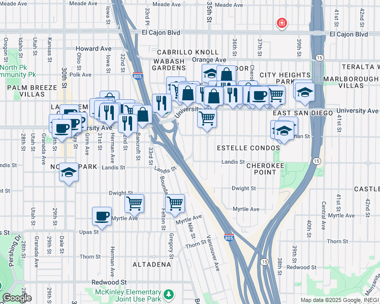 map of restaurants, bars, coffee shops, grocery stores, and more near 3710 Wabash Avenue in San Diego