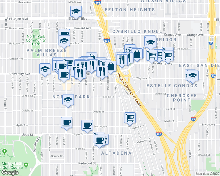 map of restaurants, bars, coffee shops, grocery stores, and more near 3752 33rd Street in San Diego