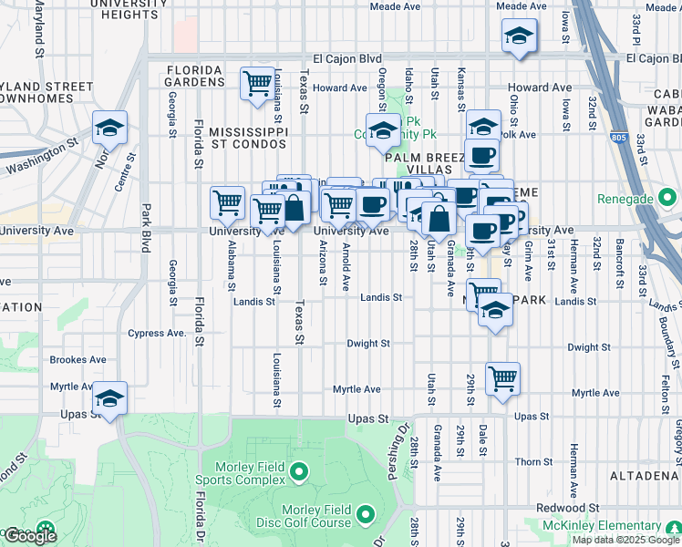 map of restaurants, bars, coffee shops, grocery stores, and more near 3739 Arnold Avenue in San Diego