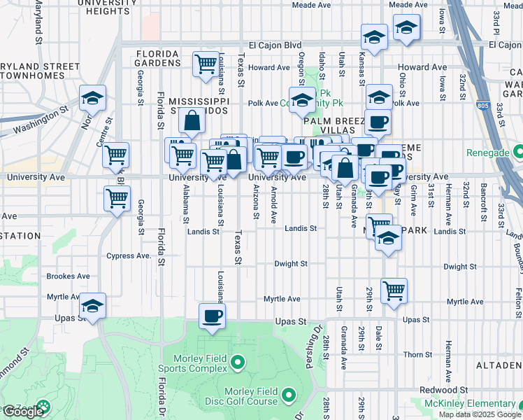 map of restaurants, bars, coffee shops, grocery stores, and more near 3750 Arizona Street in San Diego