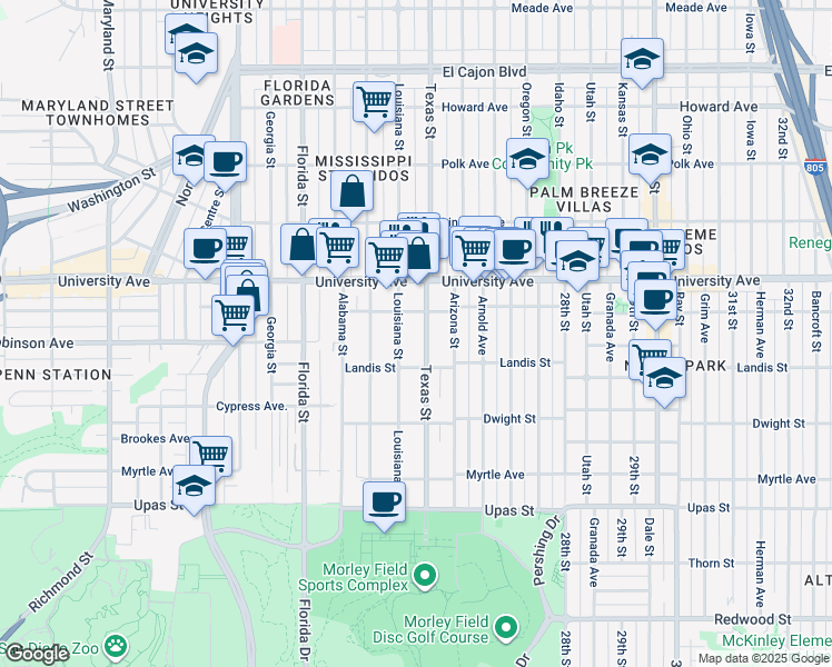 map of restaurants, bars, coffee shops, grocery stores, and more near 3741 Louisiana Street in San Diego