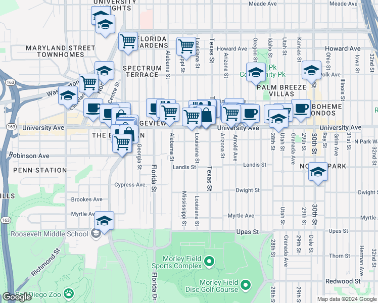 map of restaurants, bars, coffee shops, grocery stores, and more near 3749 Mississippi Street in San Diego