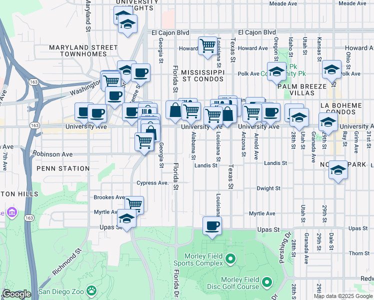 map of restaurants, bars, coffee shops, grocery stores, and more near 2050 Robinson Avenue in San Diego