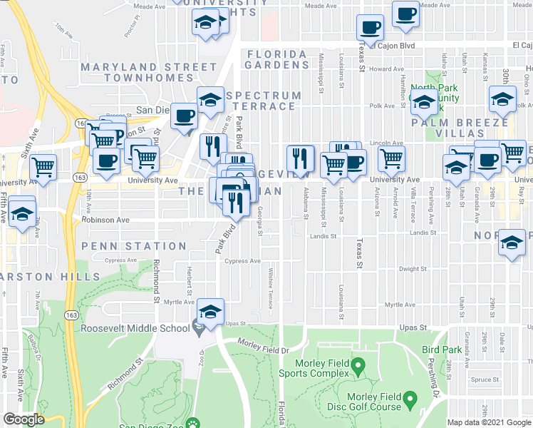 map of restaurants, bars, coffee shops, grocery stores, and more near 1996 Robinson Avenue in San Diego