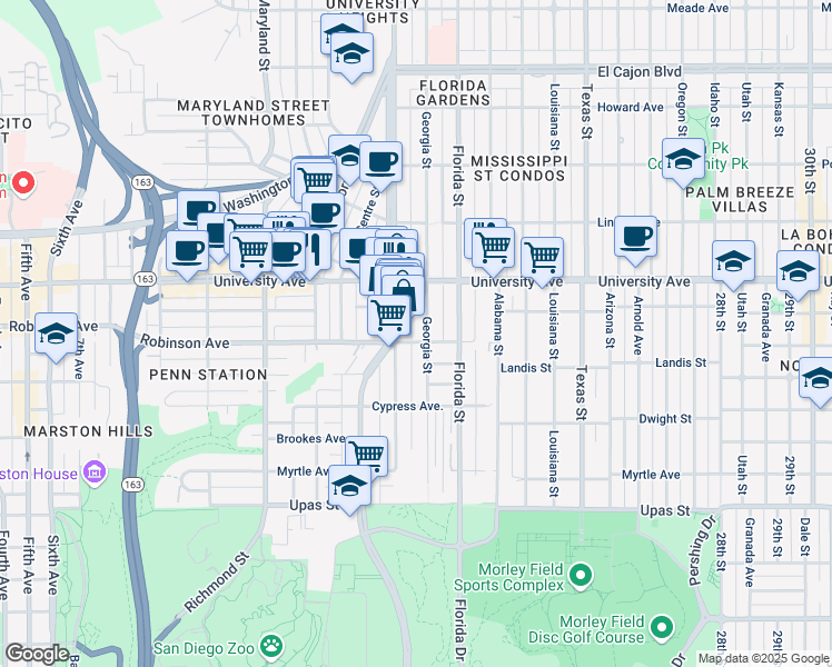 map of restaurants, bars, coffee shops, grocery stores, and more near 1830 Robinson Avenue in San Diego
