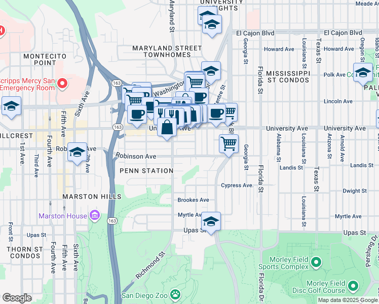 map of restaurants, bars, coffee shops, grocery stores, and more near 1518 Robinson Avenue in San Diego