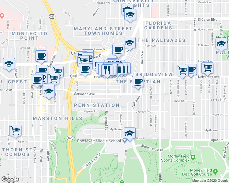 map of restaurants, bars, coffee shops, grocery stores, and more near 1518 Robinson Avenue in San Diego