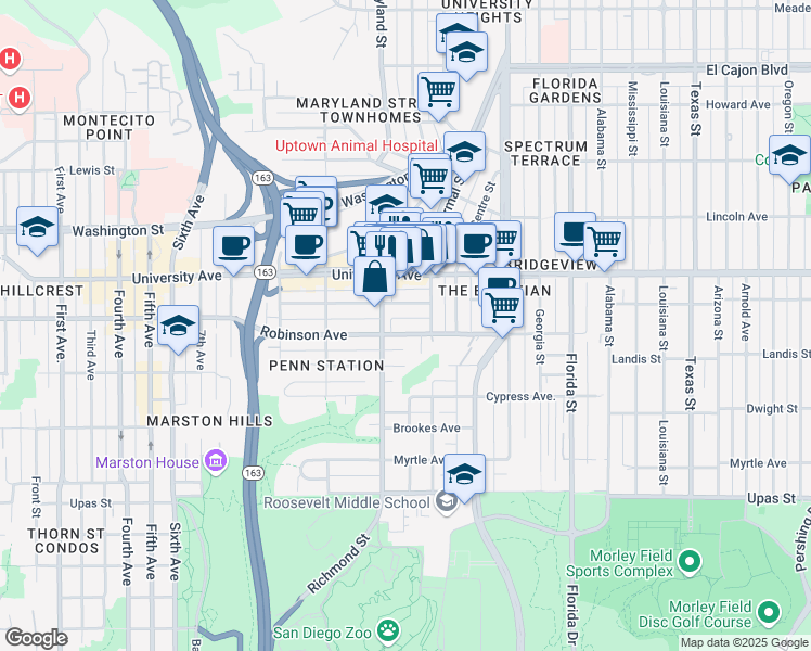 map of restaurants, bars, coffee shops, grocery stores, and more near 1518 Robinson Avenue in San Diego