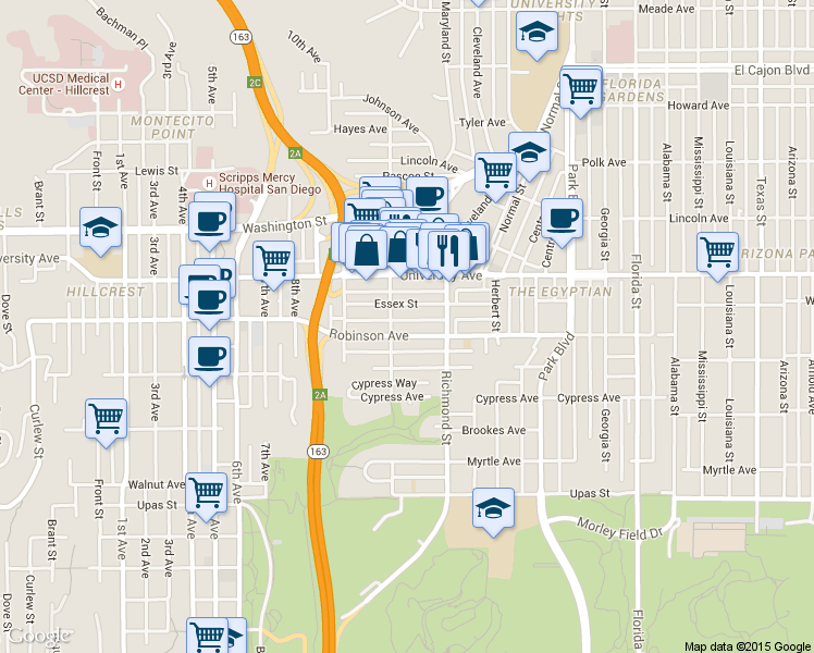 map of restaurants, bars, coffee shops, grocery stores, and more near 1214 Robinson Avenue in San Diego