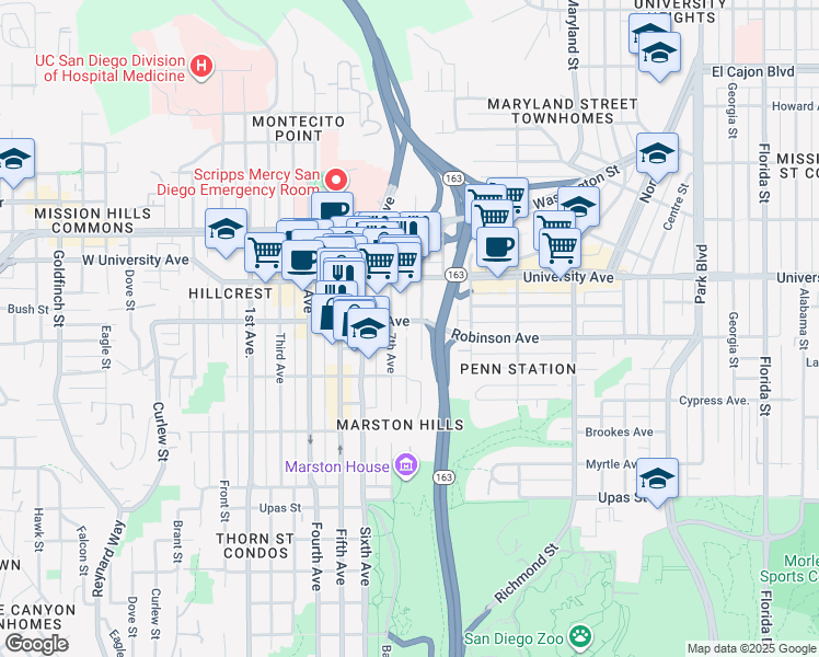 map of restaurants, bars, coffee shops, grocery stores, and more near 3776 8th Avenue in San Diego