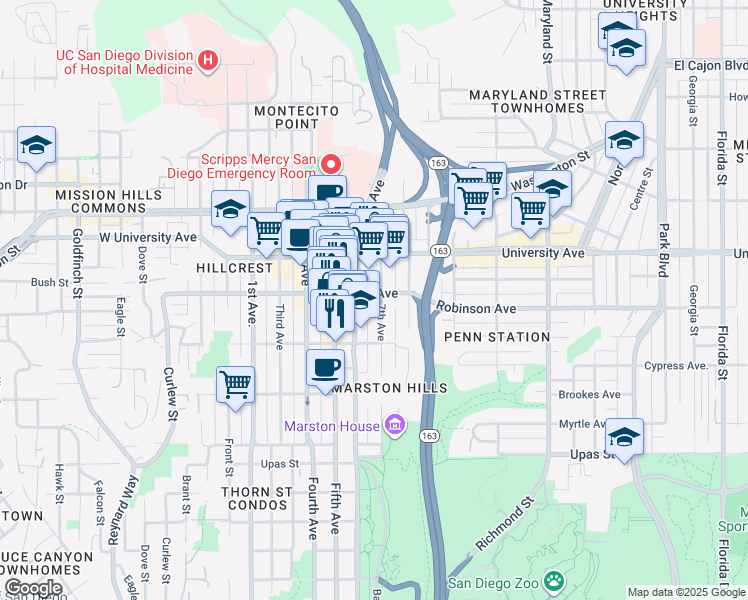 map of restaurants, bars, coffee shops, grocery stores, and more near in San Diego