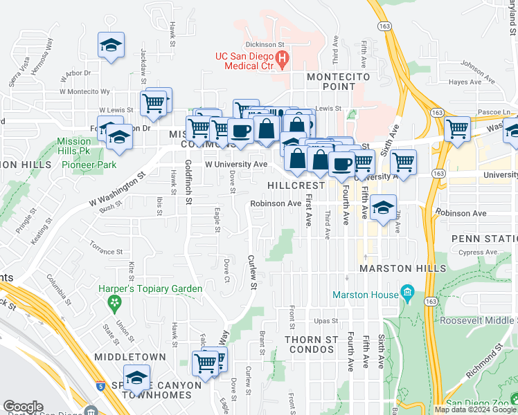 map of restaurants, bars, coffee shops, grocery stores, and more near 3781 Brant Street in San Diego