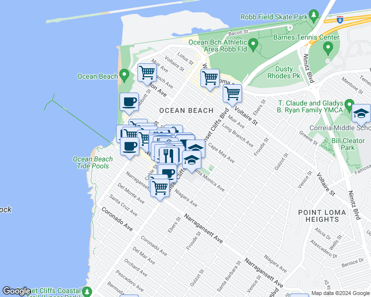 map of restaurants, bars, coffee shops, grocery stores, and more near 4818 Santa Monica Avenue in San Diego