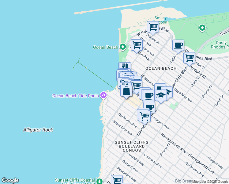map of restaurants, bars, coffee shops, grocery stores, and more near 5070 Narragansett Avenue in San Diego