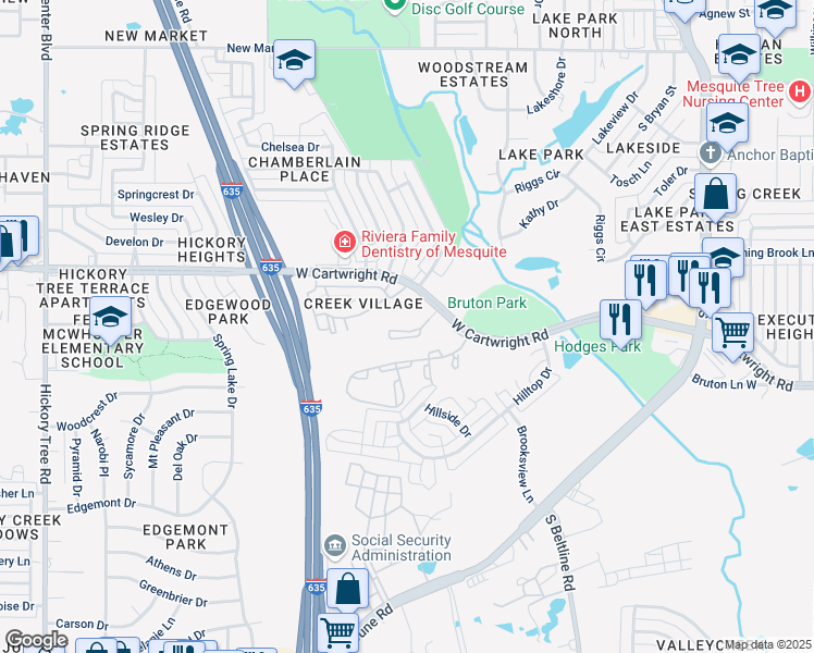 map of restaurants, bars, coffee shops, grocery stores, and more near 800 West Cartwright Road in Mesquite