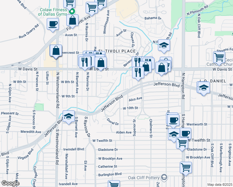 map of restaurants, bars, coffee shops, grocery stores, and more near 2823 West Jefferson Boulevard in Dallas
