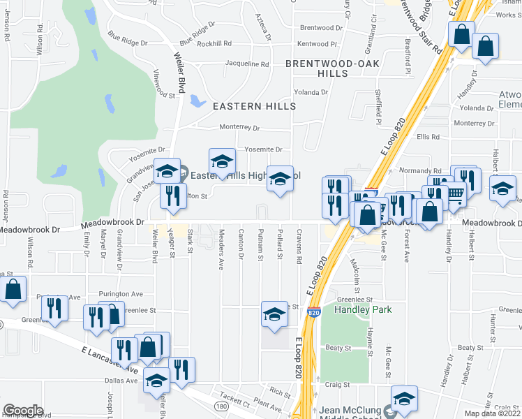 map of restaurants, bars, coffee shops, grocery stores, and more near 5959 Meadowbrook Drive in Fort Worth